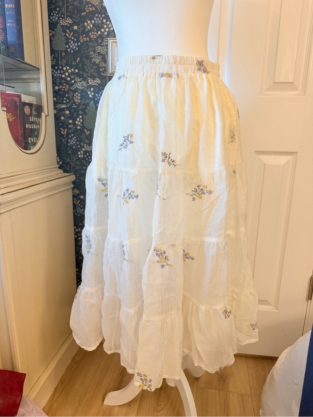 Hayden White Tiered Maxi Skirt with Yellow & Blue Floral Embroidery